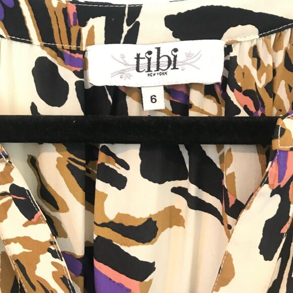 Tibi Abstract Animal Print Silk Dress Elastic Waist 3/4 Sleeves Size 6 Cream - Picture 3 of 11